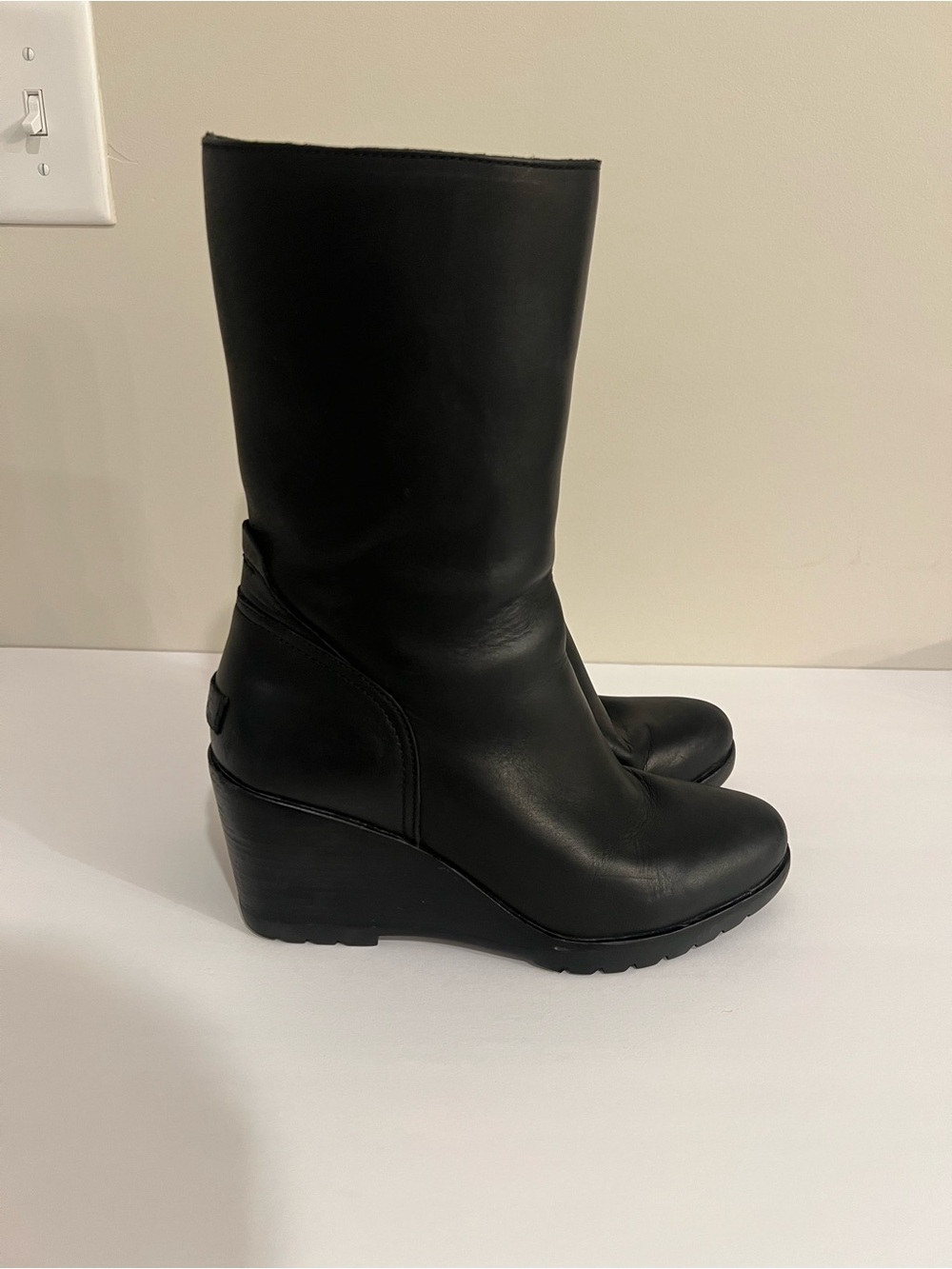 SOREL After Hours Mid Waterproof Leather Wedge Boots Black - Size 9